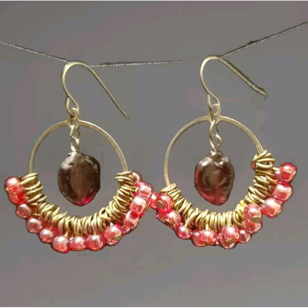 Dangle Hoop Earrings Beaded Boho Cranberry Red Beads Goth Romantic French Wire